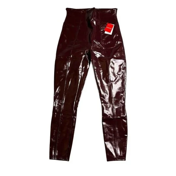 Spanx Ruby Dark Red Vegan Faux Patent Leather Leggings Pants NWT Womens Large - Picture 3 of 6